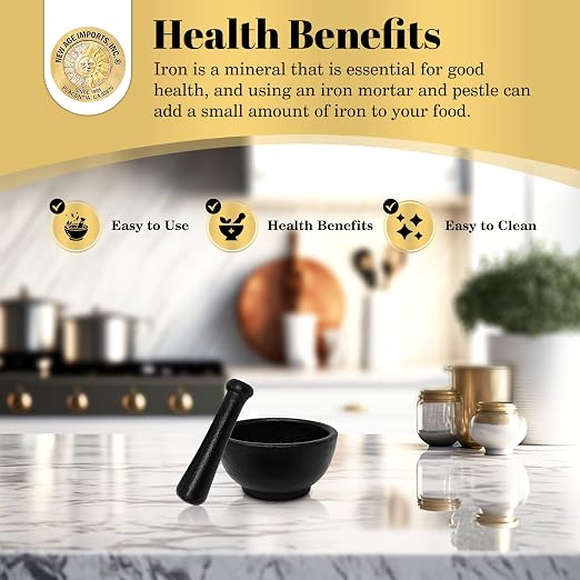New Age Imports, Inc. Cast Iron Mortar & Pestle Set 3.5 Inch, Heavy Duty, Black
