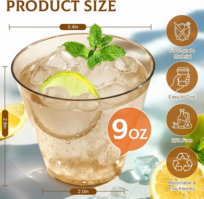 Glowserve 9 OZ Brown Disposable Plastic Cups Cocktail Cup 50 Pack | Fancy Cocktail Cup,Stemless Wine Glass,Wedding Wine Glasses,Graduation Birthday,World Cup,Party Essentials