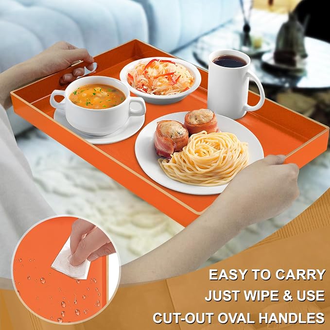 Orange Decorative Tray for Coffee Table, Serving Tray with Handles | Plastic Melamine Tray, Modern Ottoman Tray, Rectangular Countertop Organizer Tray for Living Room, 15.8"L x 10.2"W x 1.4"H