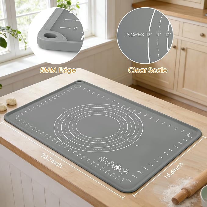Silicone Pastry Mat 24" x 16" Baking Mat with Measurements and Edge Heightening, Thick Non-slip BPA Free Silicone Pad for Countertop Rolling Kneading Dough, Bread, Cookies,Pizza, Fondant,Dark Gray