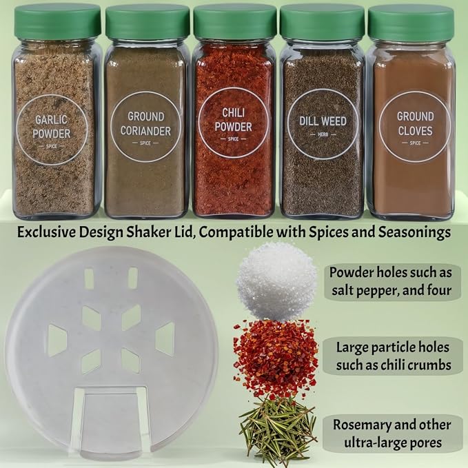 Spice Jars with Labels - 24 Glass Spice with Shaker Lids & Airtight Plastic Caps - 4oz Complete Seasoning Containers Organizer Set for Cabinet, Drawer & Rack (Green)