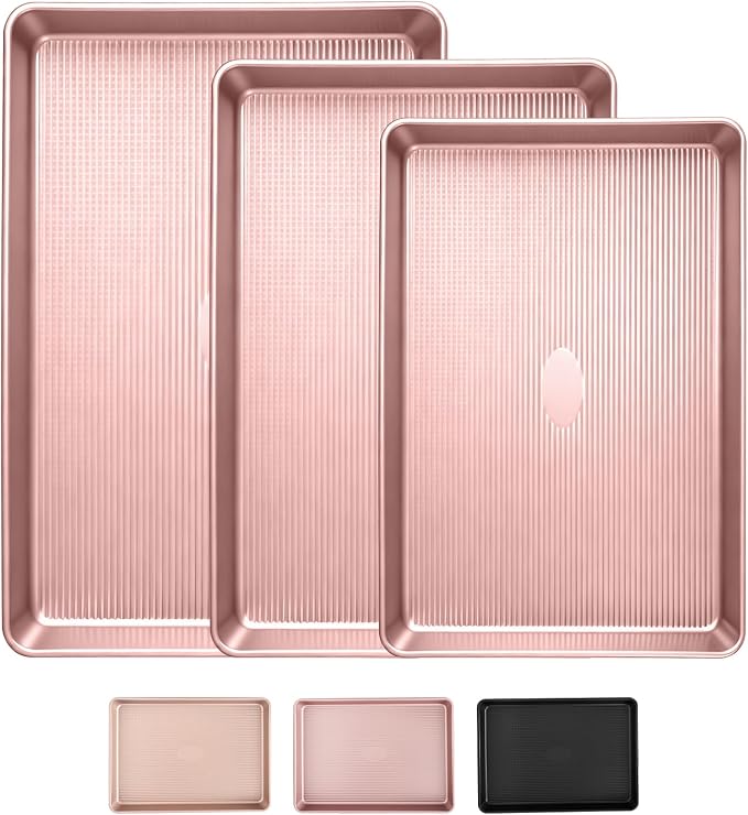 Sakerplus Nonstick Baking Sheet Set of 3, Heavy Duty Cookie Sheets for Oven | Quarter, Half & Jelly Roll Pans, 0.6mm Thick with Stripe Texture Pattern, Rust-Resistant and Easy to Clean, Pink
