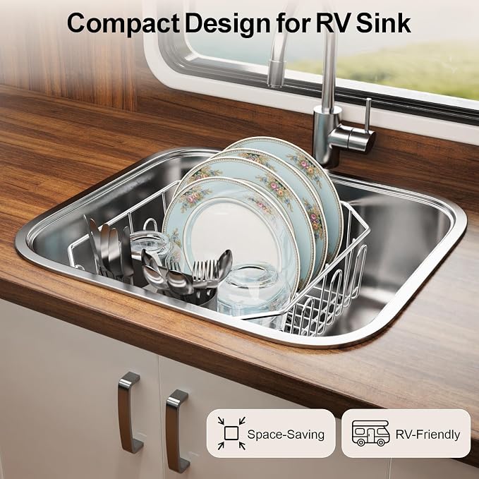 Small in Sink Dish Drying Rack - Stainless Steel for RV Kitchen | Compact Design for Apartments, 1-2 Person, Utensil Holder, Cup Hooks, Angled Corners Fit Square & Round Sinks, 11.6" x 13.4"