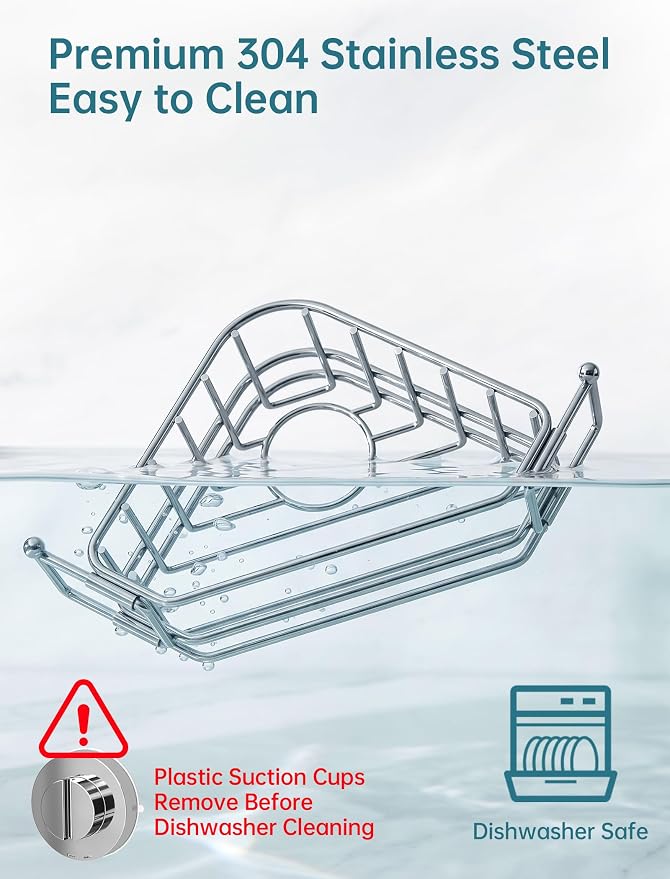 NiHome Corner Sink Caddy, 304 Stainless Steel, Twist-Lock Suction Cup | Repositionable Vacuum Mount And Adjustable Arm Fit Diverse Sinks Saving Countertop Space