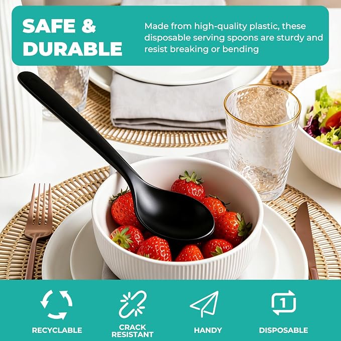 CXPSINC 12 Count Black Plastic Serving Spoons, 10" Disposable Heavy Duty Plastic Serving Utensils for Catering Weddings Parties Buffets Events and Stock Your Home (Black, 12PCS Spoons)