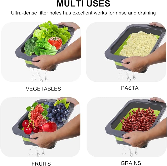 QiMH Colander Collapsible, Over Sink Silicone 9 Quart(8.5L) Extra Large Kitchen Strainers with Extendable Handles, Veggies, Fruit and Pasta Foldable Strainer, BPA Free, Kitchen Essential