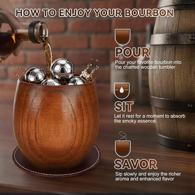 Charred Wooden Bourbon Drinking Glass Wooden Whiskey Glasses Set of 2 Complete Whiskey Gift Set Old Fashioned Glass Bourbon Gifts for Men (2 Pack Soccer)
