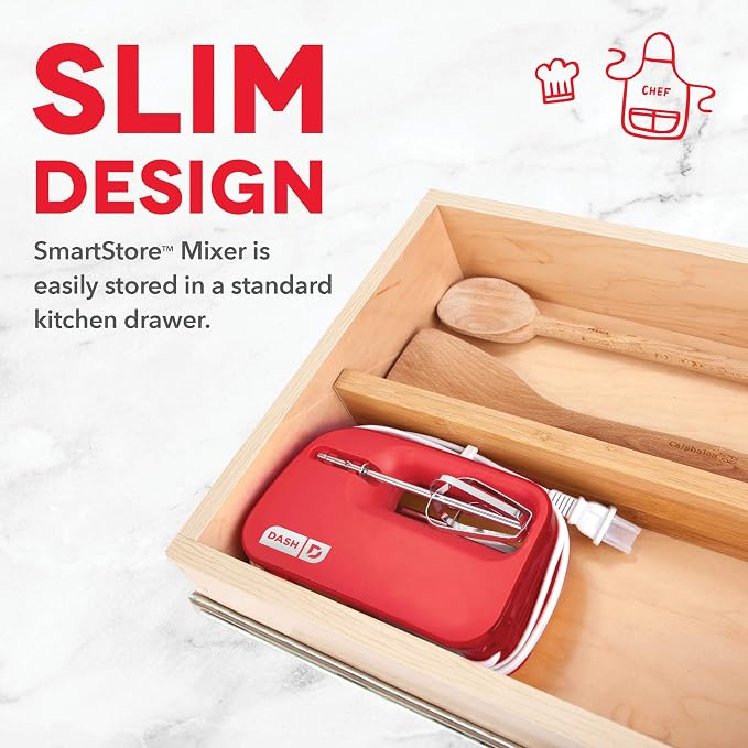 Dash SmartStore Hand Mixer - Electric Handheld Mixer For Everyday Baking - 3-Speed Power and One-Touch Beater Ejector Button - Red, Includes Whisk and Milkshake Attachments