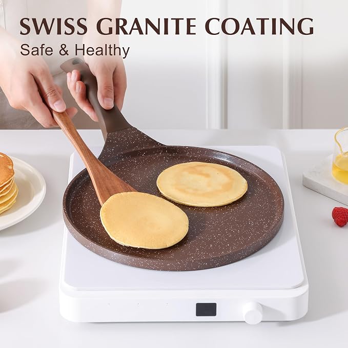 SENSARTE 12 Inch Nonstick Crepe Pan Granite Coating Pancake Pan Brown | Swiss Granite Coating Dosa Pan Pancake Flat Skillet Tawa Griddle with Stay-Cool Handle, Induction Compatible