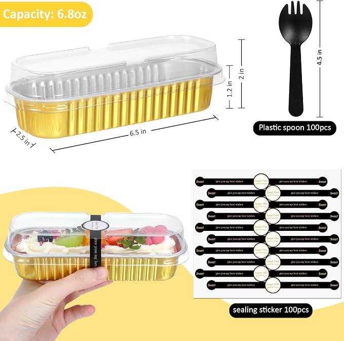 EgticHome Mini Loaf Pans with Lids and Spoons (100 Pack, Gold, 6.8oz) Rectangular Aluminum Foil Baking Pans