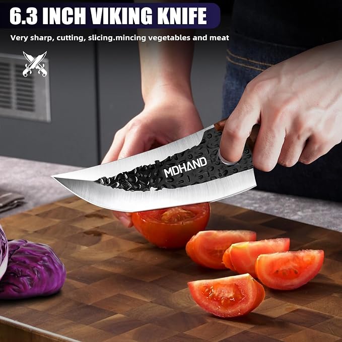 Butcher Knife Set, Hand Forged Serbian Chef Knife Set Gift for Men | High Carbon Steel 8PCS Kitchen Knife Set with Sharpener, Ergonomic Handle, Meat Cleaver Knife for Kitchen Outdoor Cooking BBQ