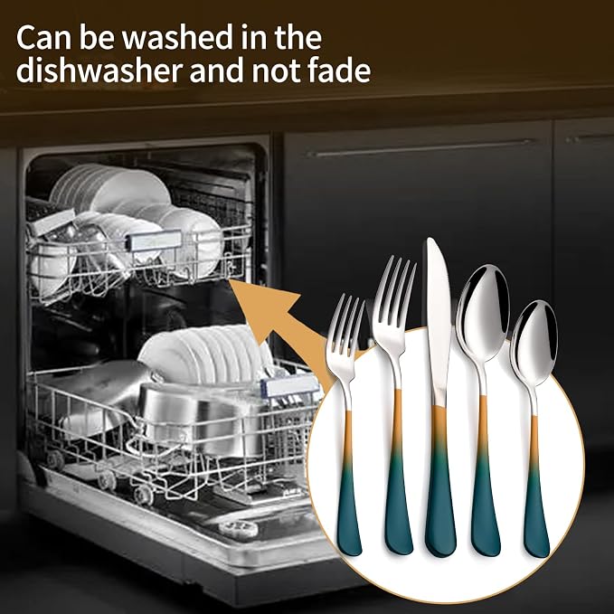 20-Piece Green Orange Silverware Set 18/0 Stainless Steel Silverware Set Green Orange Handle Cutlery Set Service for 4 Dinner Knives Forks Spoons Set Flatware Set Finish Dishwasher Safe