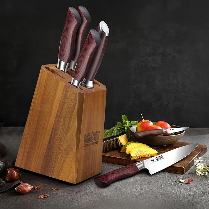 HOSHANHO 7PCS Kitchen Knife Set with Block, Sharp Chef Knives & Sharpener | High-Carbon Stainless Steel Cooking Knife Set, Ultra Sharp Professional Knife Set with Ergonomic Wood Handle, Ideal Home Gift