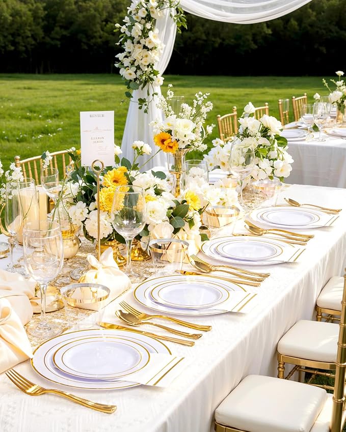 GATHER 350PCS Gold Plastic Plates for Wedding and Party | White and Gold Disposable Dinnerware Set include 100 Plates, 150 Silverware, 50 Napkins, 50 Cups for Bridal Shower