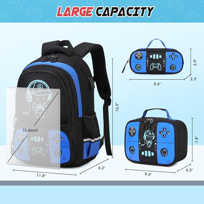 Backpack for School Boys, Cool Luminous Gamer Boys Schoolbag | with Lunch Box & Pencil Case Set for Kids Teens Elementary Middle School, Bookbag Glow In The Dark
