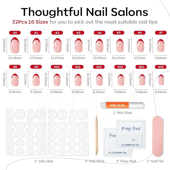 Modelones Red French Tip Press on Nails Short, Summer Oval Fake Nails | Reusable Nail Kit with Nail Glue Adhesive Tabs Mini Nail File, Nails Press Ons 32Pcs 16Sizes, Women Girl Gift