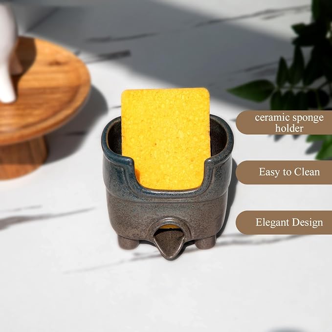 Ceramic Sponge Holder with Drainage，Farmhouse Sink Caddy | Self Draining Organizer for Sponges, Soap, Brushes. Compact Rustic Kitchen Accessory Keeps Counter Dry & Tidy. Country Blue
