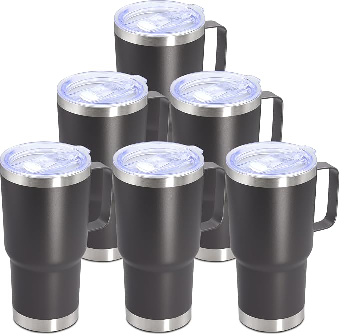 20 oz Tumbler with Handle Coffee Tumblers with Lid Travel Mug Grey 6P | 20oz Tumblers with Handle Double-Wall Insulated Vacuum Coffee Mugs Stainless Steel Tumbler with Handles&Lid Grey 6P