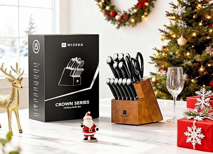 15PCS Kitchen Knife Set with Wooden Block, Razor Sharp, Crown Black | High Carbon Stainless Steel, Professional Performance, Ergonomic Handle, Versatile Daily Kitchen Helper, Ideal Gift Option