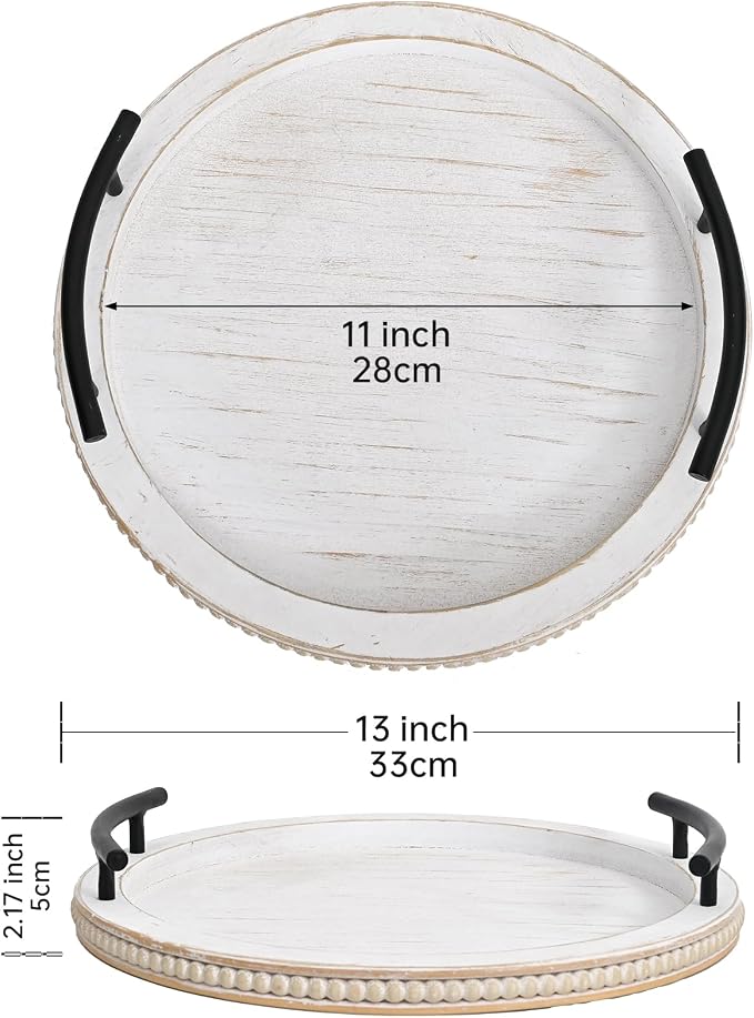 SwallowLiving White Wooden Beaded Serving Tray with Handle Decorative Rustic Whitewashed Tray for Coffee Table Farmhouse Round Tray for Kitchen, Living Room and Bedroom