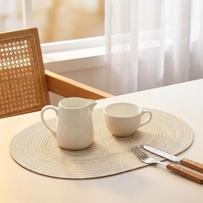 Placemats Set of 8, Woven Oval Braided Dining Table Mats(Beige) | 12 x 17.5 Inch Size Fits Plates and Flatware; Hand Washable and Heat Resistant for Kitchen Use, with Farmhouse and Boho Style