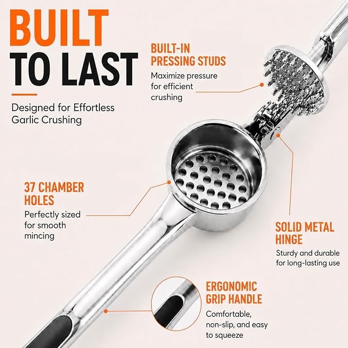 CUNSENR Garlic Press Set, Premium Rust Proof Garlic Mincer Tool with Ergonomic Handle, Easy Squeeze & Easy Clean Garlic Crusher, Dishwasher Safe with Silicone Peeler and Brush - Silver