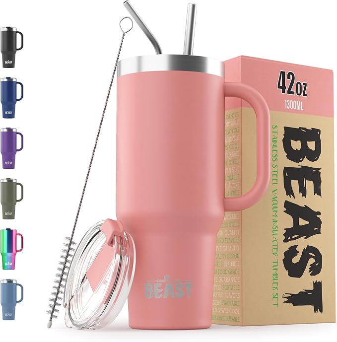 Beast 42 oz Tumbler with Handle Stainless Steel Vacuum Insulated Coffee Ice Cup Double Wall Travel Flask (Blossom Pink)