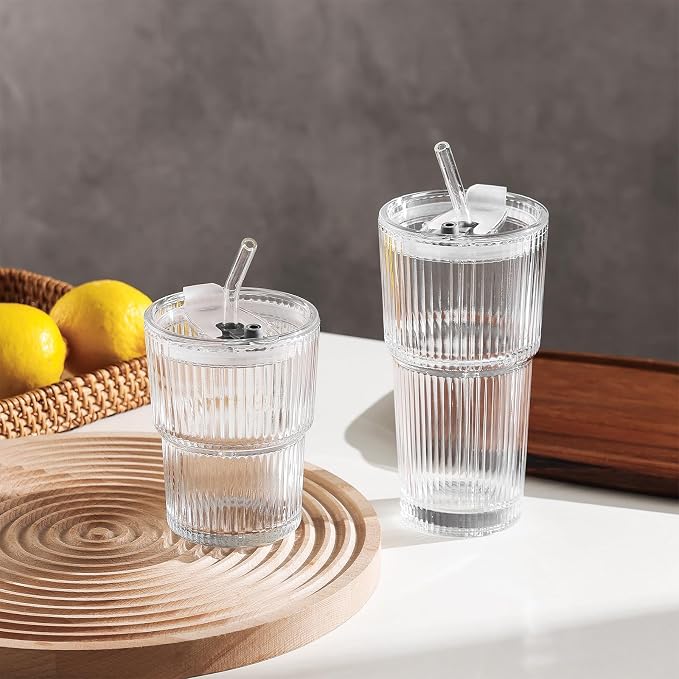 Ribbed Glass Tumbler Drinking Glasses with Lids & Straws, Leak-Proof 20oz and 15oz Glass Cups, 4PCS Glass Tumblers, Ideal for Home, Office, Outdoor Use
