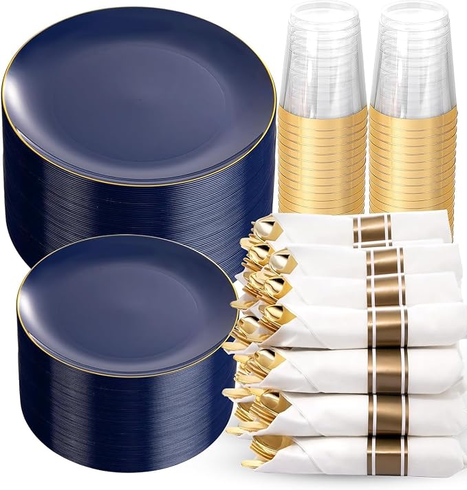 KIRE 350Pcs Blue and Gold Plates -Heavy Duty Navy Blue Dinnerware Set - 100 Plastic Plates 50 Pre Rolled Napkins with Gold Plastic Silverware 50 Cups for Party/Wedding/Birthday