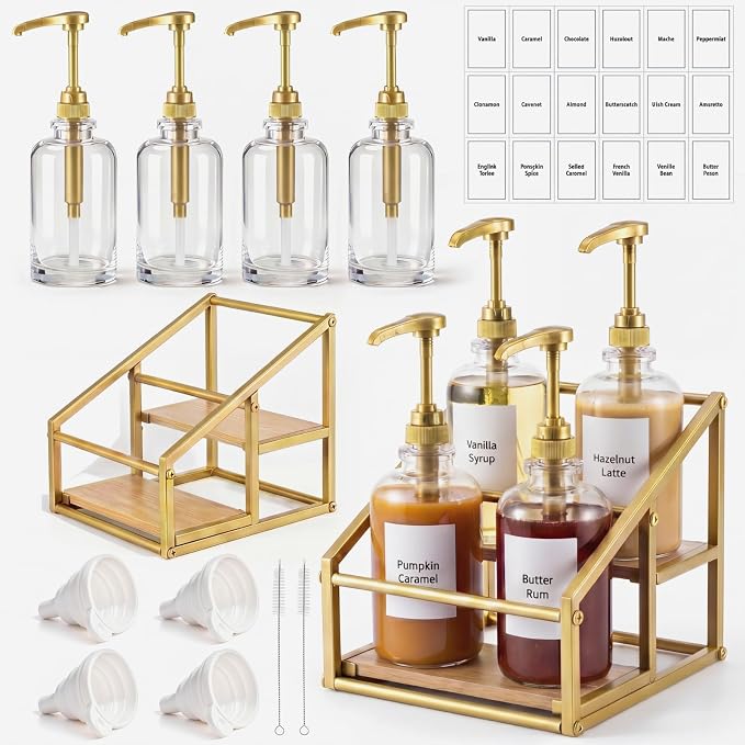 Coffee Bar Accessories, 4 Pack 16.9oz/500ml Gold Syrup Dispenser with 1/4oz Pump, 2-Tier Syrup Rack Organizer, Labels, Straw Brushes, Funnels for Kitchen Countertop, Wine, Dressing Storage