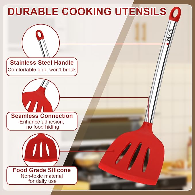 Vayvnt Silicone Utensils Set for Cooking, 8 Pieces for Non Stick Pan, Red | Dishwasher Safe Kitchen Cooking Utensils, Spoons and Tongs, Non-toxic, Plastic-free, Kitchen Essentials for Cooking & Baking