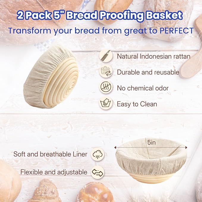 YONILL Mini Double Dutch Oven with Lid for Sourdough Bread Baking (Blue) | Enameled Cast Iron Pot with Lid, 5" Banneton Bread Proofing Basket Include, Dual Round Bread Loaf Pan for Homemade Baking