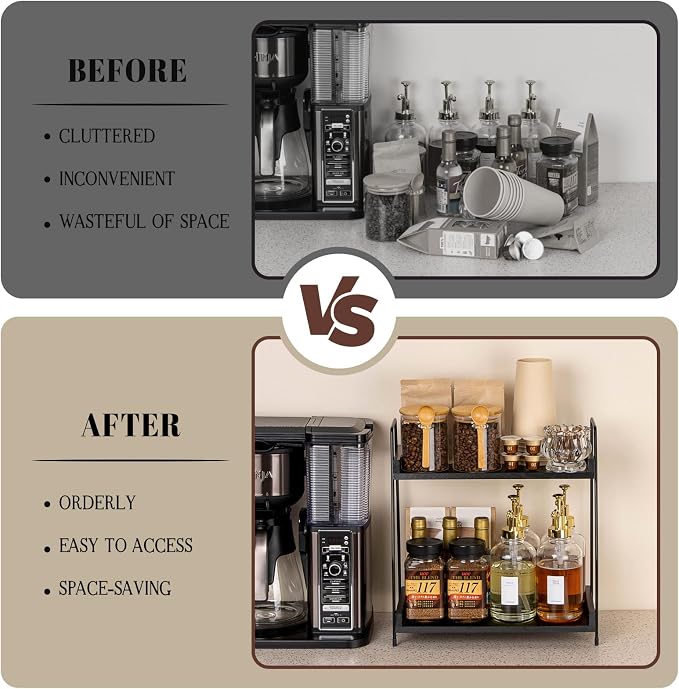 ANBOXIT 2-Tier Coffee Station Organizer, Wooden Kitchen Counter Shelf | for Coffee Bar Accessories, Condiment Storage Caddy for Kitchen, Home, Office - Black