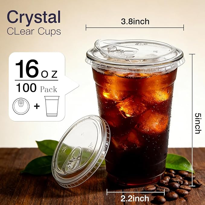 100 Pack 16 oz Clear Plastic Cups with Sip Lids for Iced Coffee Cold Drink | Disposable, To Go, Crystal, BPA-Free, Smoothie, Dirty Soda, Lemonade, Bar Accessories, Strawless, Leak Proof, Party, Bulk