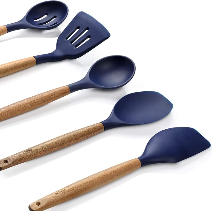 Non-Stick Silicone Kitchen Utensils Set with Natural Acacia Hard Wood Handle, 5 Piece, Midnight Blue, BPA Free, Baking & Serving Silicone Cooking Utensils