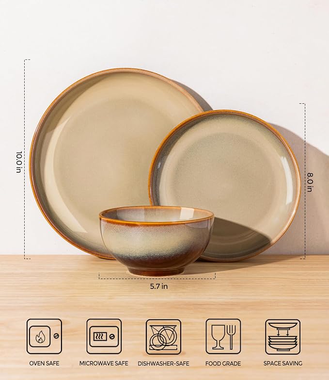 Ceramic Dinnerware Set for 4, 12-Piece Plates and Bowls Set | Handmade Reactive Glaze Dish Set, Scratch Resistant, Oven & Microwave & Dishwasher Safe, Creamy Amber