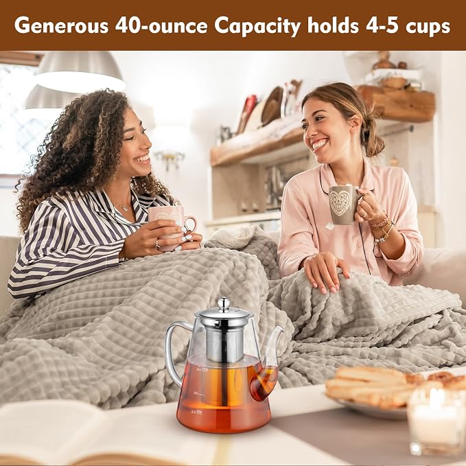 Glass Teapot, 1200ml (40oz) Tea Pot with Infuser for Loose Tea and Blooming Tea, Stovetop Safe Tea Kettle, Hand Crafted Borosilicate Glass Tea Maker with Scale Line, Tea Gift Set for Tea Lovers