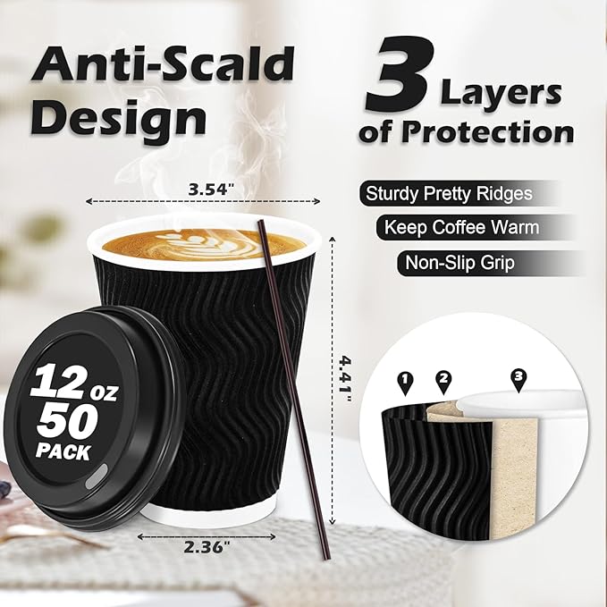 Lamosi 50 Pack 12 oz Disposable Coffee Cups with Lids and Straw, Black | Insulated Corrugated Ripple Wall Hot Cups with Lids for Hot Drink, Office, Coffee Bars, Meetings, and Short To-Go Use