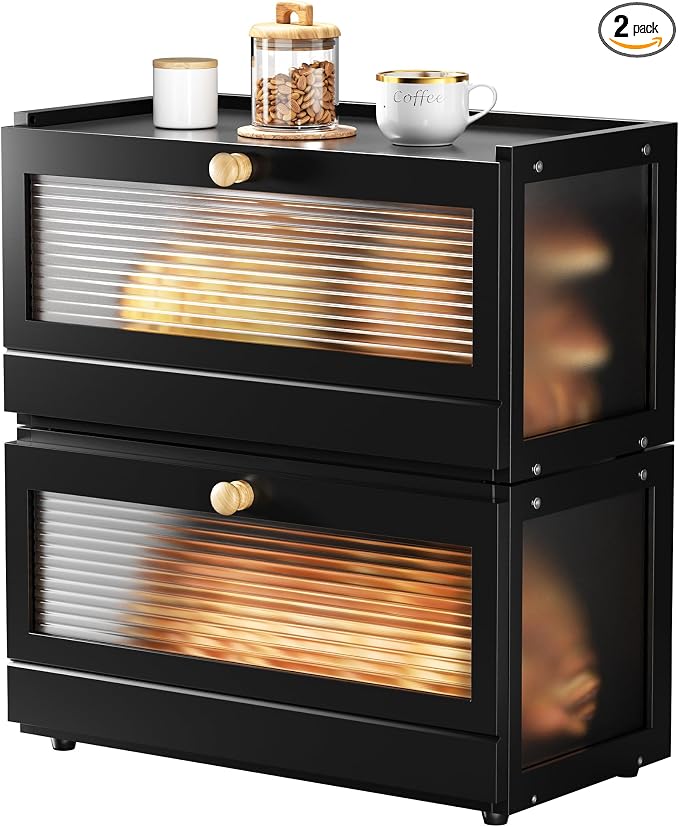 Stackable Bread Box for Kitchen Countertop, 2 Tier Bamboo Bread Storage Container Holder Bin for Baked Goods Snacks Farmhouse Breadbox with Acrylic Window for Pantry Cabinet Cupboard, Black