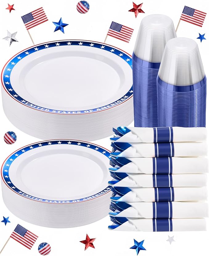 350 Piece 4th of July Blue Star Plastic Dinnerware Set | Disposable Dinnerware Includes: 100 Plates, 50 Pre Rolled Napkins with Silverware, 50 Cups