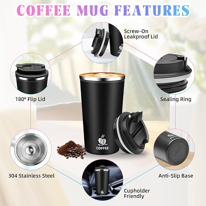 17oz Insulated Travel Coffee Mug with Flip Lid ¨C Leakproof Stainless Steel Insulated Coffee Tumblers, Reusable Coffee Cup for Hot & Cold Drinks, Perfect for Camping & On-the-Go