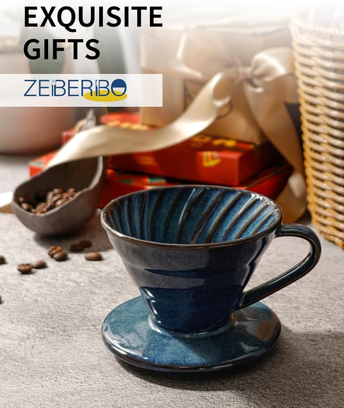 Pour Over Coffee Maker, Single Cup Ceramic Coffee Dripper, Reusable Filter Cone Drip Holder Slow Brewer with Hole Flat Bottom for Home, Office, Travel, Camping (Blue)