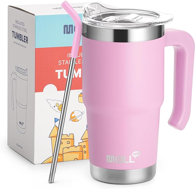 Insulated Tumbler with Handle,16 oz Stainless Steel Mug with Lid and Straw | 18/8 Food-Grade Stainless Steel,BPA-Free,Leakproof,Reusable Metal Flask,Keeps Cold 24h & Hot 12h