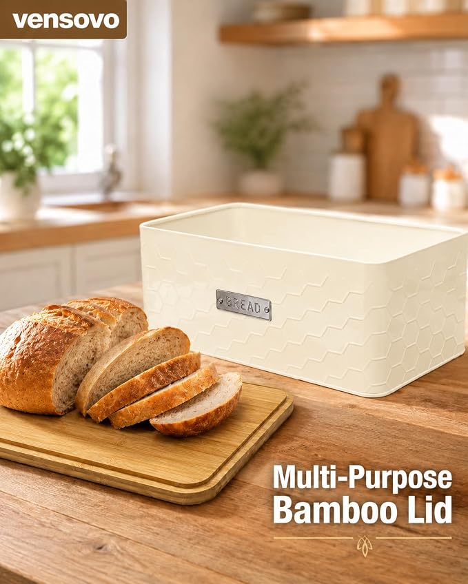 Bread Box for Countertop, Small Cream White Metal Bin, Bamboo Lid | Small farmhouse bread storage container and bread bin with cutting board lid for homemade bread and baked goods organization.