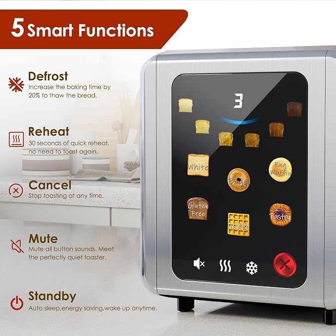 WHALL Full Touch Screen Toaster 2 Slice, Smart Toaster for Bread, Silver | 1.5'' Extra Wide Slot, 6 Shade Settings, Reheat/Defrost/Mute/Standby, Gluten-Free Waffle Pastry Mode, Stainless Steel, Silver