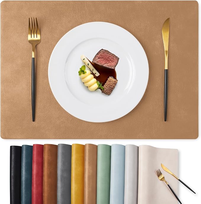 MOSAYT Vinyl Placemats Set of 6-12 X 17 Inch - Faux Leather 100% Waterproof Oil-Proof Wipeable PU Place Mats, Heat Resistant Reversible Table Mats for Kitchen, Dining, Outdoor, Camel
