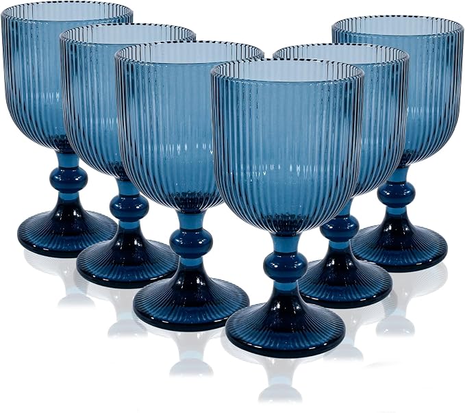 CHLJAR Blue Wine Glass Goblet Set of 6, 14 oz Blue Goblets Glassware, Colored Vintage Glassware for Weddings, Parties, Restaurants, Family Gatherings, Bars, Cafeterias, Dishwasher Safe