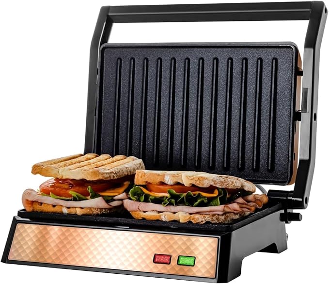OVENTE Electric Indoor Panini Press Grill + Sandwich Maker, Copper GP0620CO | Opens 180 Degrees to Fit Any Type or Size of Food, 1000W Indoor Cooking Perfect for Quesadillas, Burgers & More