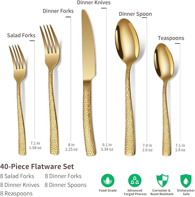 Remoxye 40-Piece Silverware Set, Gold Hammered Stainless Steel Flatware Sets for 8, Food-Grade Tableware Set, Including Fork Knife Spoon Set, Durable Home Kitchen Cutlery Sets, Dishwasher Safe, RX357