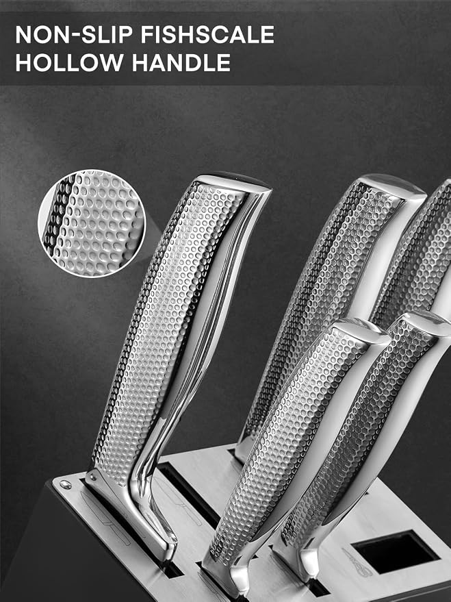 Knife Set, FOHERE 14 Pieces Kitchen Knife Set with Built-in 5 x Sharpeners, Waved Texture Knife Set with Block, Stainless Steel Knife Block Set, Sharp Knives Set with Ergonomic Handle